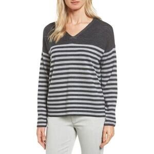 Eileen Fisher Merino Wool V-Neck Striped Sweater Gray Size XL